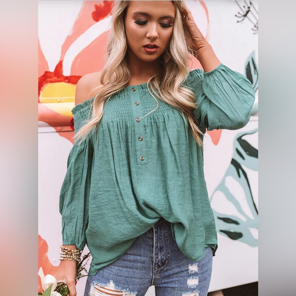 Kori America Smocked Off Shoulder Trapeze Boho Top Teal size S